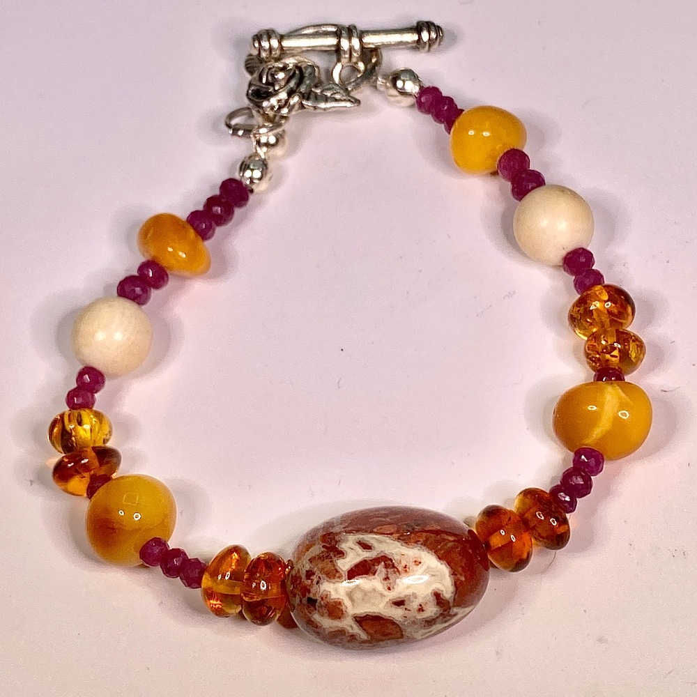 Handcrafted Baltic Amber/multi-gemstone 7.5” bracelet
